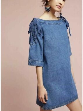 Maeve Anthropologie Denim Lace Up Shoulder Blue Tunic Mini Dress size MP